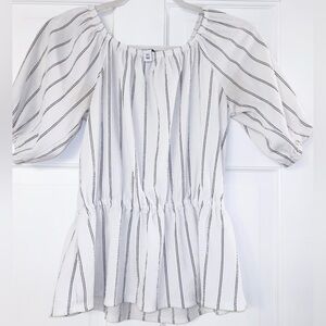Nine West White Black Striped Cinched Waist Short Sleeves Blouse Top